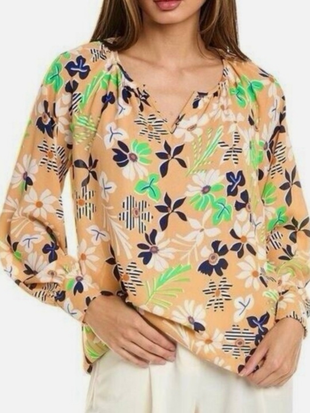 Cabi Women's Large Island Floral Tropical Boho Peasant Split Neck Blouse #6296